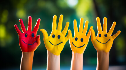 Four raised hands painted bright yellow and red with smiley faces, against a blurred green backdrop, expressing happiness and fun.