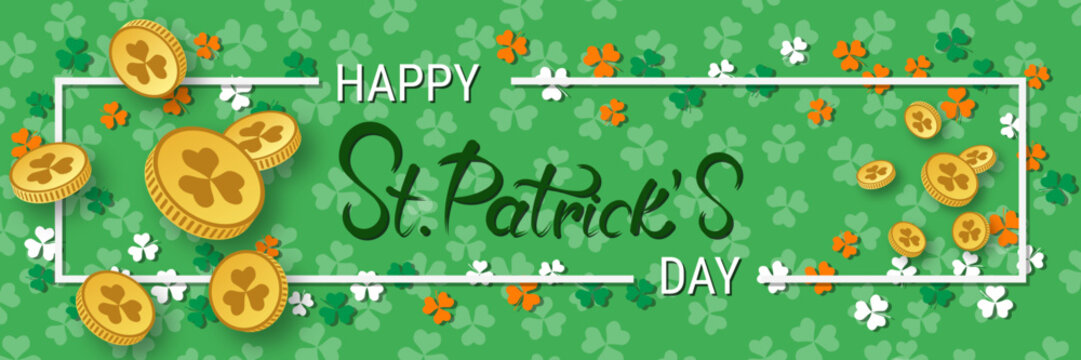 St.Patrick's Day vector banner template. Elegant background with colorful clover leaves