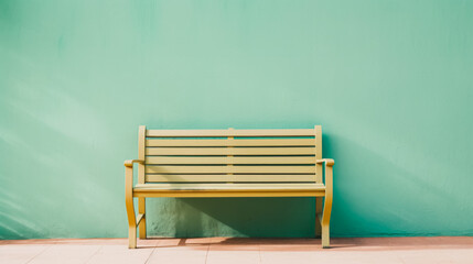 A solitary yellow bench sits against a teal wall, casting a subtle shadow. The minimalistic scene is bright, with a clear distinction between the bench and the wall. - obrazy, fototapety, plakaty