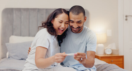 Excited couple, bed and positive pregnancy test for maternity, responsibility or family at home. Happy man and pregnant woman smile for parenthood, morning or good news or results in bedroom at house - obrazy, fototapety, plakaty