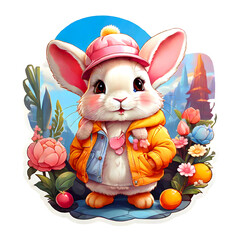 Sticker isolated cute cartoon bunny wearing a pink hat  and yellow jacket   on nature background. Transparent background. Generative AI