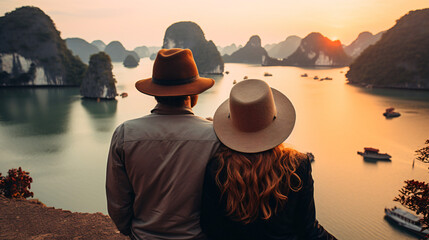 Backpacker couple enjoy trip through south east Asia - obrazy, fototapety, plakaty