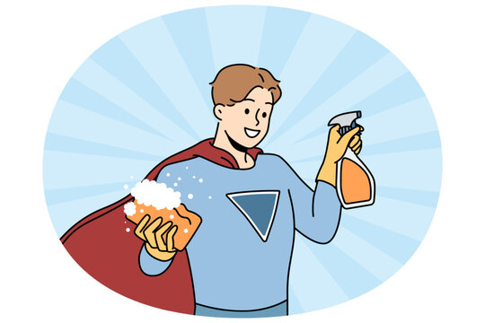 recommend clip art: Smiling muscular man in superhero costume holding washcloth and detergent ready for cleanup. Happy male cleaner or housekeeper show good quality service. Housekeeping. Vector illustration.