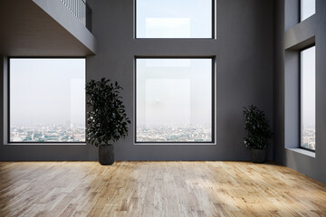 Modern empty apartment interior with gray walls and big panorama windows. © leymandesign