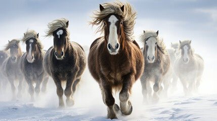 Beautiful robust and tough Icelandic horses in winter - obrazy, fototapety, plakaty