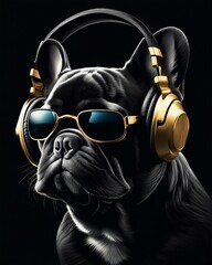 Bulldog Francês com fones de ouvido - obrazy, fototapety, plakaty