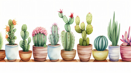 Beautiful watercolor cactus in flower pots seamless background