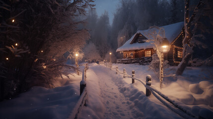 Santa's village hidden behind the mountains surrounded by Christmas trees and snow. Christmas Landscape