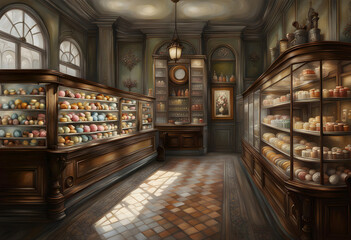 interior of an old-fashioned cake shop with pastries and cakes arranged on counters and shelves illuminated by warm lights - obrazy, fototapety, plakaty