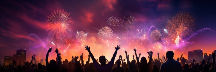 Fototapeta na wymiar Festive silhouettes on the background of the sky sparkling with fireworks