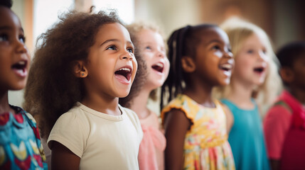 Obraz premium A cozy indoor scene of children laughing together during a storytelling session