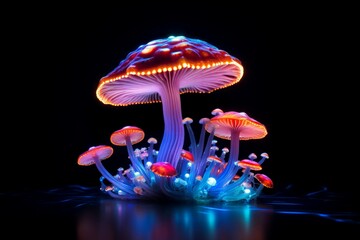 Magic fluorescent mushroom forest. Fungi poison. Generate Ai