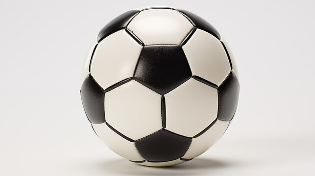 A classic black and white paneled soccer ball placed centrally on a pure white background