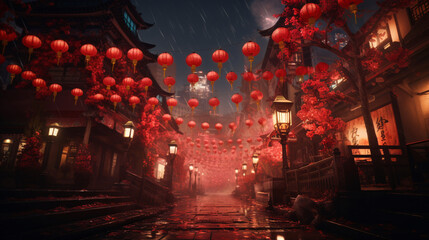 Rows of bright red lanterns lined the garden. - obrazy, fototapety, plakaty