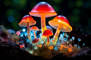 Luminescent Magic fluorescent mushroom forest. Fungi poison. Generate Ai