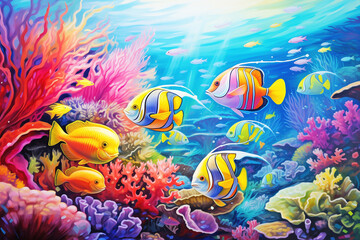 Fototapeta na wymiar Underwater Paradise: A Symphony of Colorful Fish and Coral