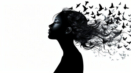 Black silhouette portrait of a pretty girl with birds