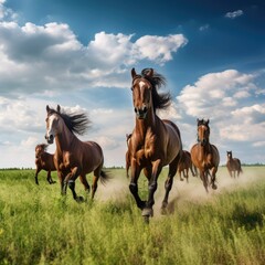 two horses on a meadow - obrazy, fototapety, plakaty