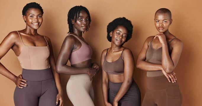 Friends, face or black women pose with beauty, glowing skin or pride isolated on brown background. Facial dermatology, wellness or natural skincare in studio with group of models or African people