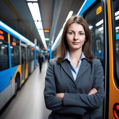 Mujer con los brazos cruzados en una estación de autobuses 