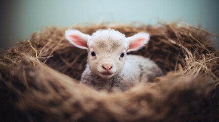 Portrait of cute white small sheep lamb in straw nest in vintage retro effect style. Happy Easter...