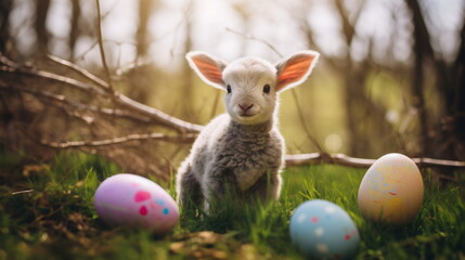 Portrait of cute white small sheep lamb staying in spring forest near colored easter eggs. Happy...