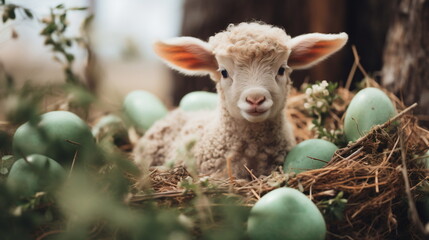 Portrait of cute white small sheep lamb in straw nest with green easter eggs. Happy Easter and...