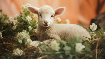 Portrait of cute white small sheep lamb in straw with white flowers in vintage retro effect style....