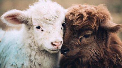 Obraz premium Portrait of a white lamb and mocha mousse brown calf with their noses touching. Concept of love, friendship, Valentine's Day and peace among animals. Color of 2025 concept.