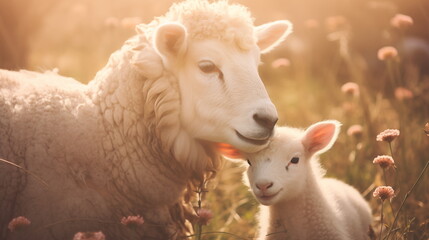Portrait of white sheep and lamb standing together in a green pasture with spring pink flowers. Mother and baby sheep. Springtime concept.