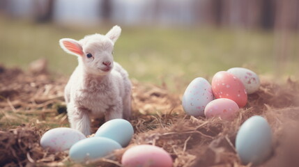 Portrait of cute white small sheep lamb staying in straw near colored light blue and pink easter...