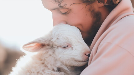 Portrait of a young man with a lamb. Tenderness and love. Shepherd with little sheep. A symbol of Easter, Christianity and faith.