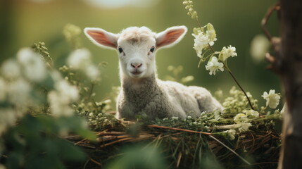 Portrait of cute white small sheep lamb in basket with white flowers in vintage retro effect style. Happy Easter and springtime concept.