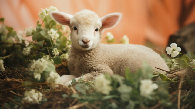 Portrait of cute white small sheep lamb in straw with white flowers in vintage retro effect style. Happy Easter and springtime concept.
