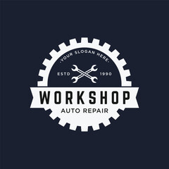 Crossed wrench logo template design with vintage gear.Logo for workshop, badge, industry,service or repair and mechanic.