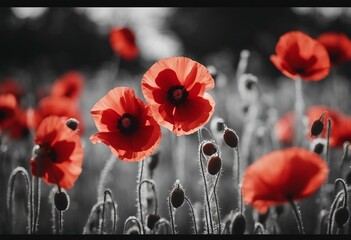 Red poppies on black background Remembrance Day Armistice Day symbol