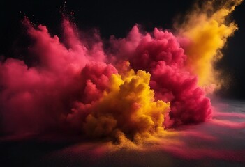 Red and yellow colored powder explosions on black background Holi paint powder splash in colors