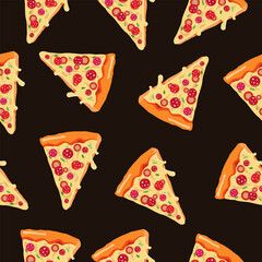 Seamless pattern depicting fragrant pizza slices with cheese. Vector illustration.