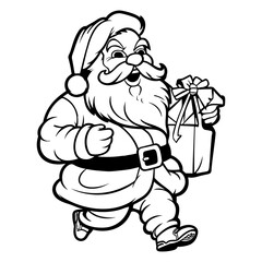 Coloring of an outline cheerful funny ambitious Santa Claus carries gifts for Christmas. Cartoon vector illustration.