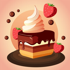 Delicious appetizing piece of cake with cream on a plate with strawberries and chocolate. Vector illustration.