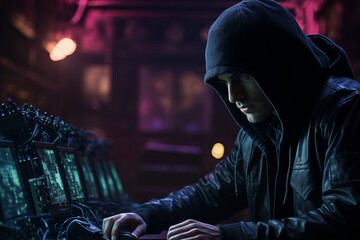Dangerous Hooded Hacker Breaks into Government Data Servers and Infects Their System with a Virus. His Hideout Place has Dark Atmosphere, Multiple Displays, Cables Everywhere, Generative AI.