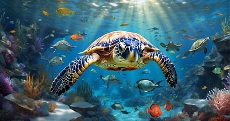 An enchanting portrayal of the ocean's depths, revealing a translucent underwater world with diverse marine life, including graceful sea turtles and schools of iridescent fish -Generative Ai - obrazy, fototapety, plakaty