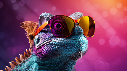 Chameleon with sunglasses on a solid color background. - obrazy, fototapety, plakaty