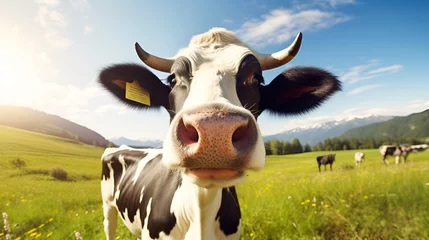 Keuken spatwand met foto Curious happy spotted black and white cow looks at the camera on a green meadow with flowers under a blue sky on a sunny summer day. Copy space. Concept of organic dairy products, kosher beef. © Tetiana