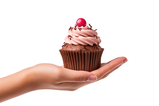 Hand Holding a cupcake on Transparent or White Background, PNG
