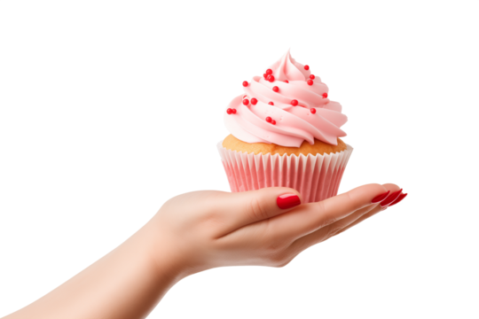 Hand Holding a cupcake on Transparent or White Background, PNG