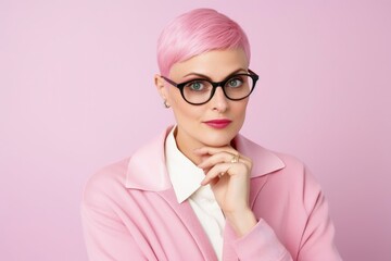 Portrait of a bald woman with pink hair studio shot.