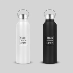 Vector Realistic 3d White and Black Blank Glossy Metal Reusable Water Bottle Icon Set with Silver Bung Closeup Isolated on White Background. Design Template of Packaging Mockup. Front View
