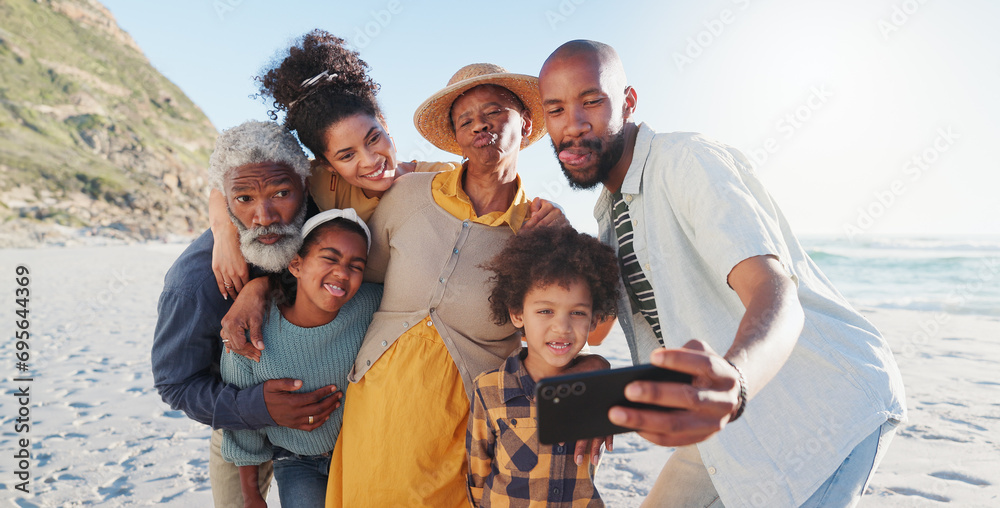 Canvas Prints Selfie, hug and happy family at a beach for travel, fun or adventure in nature together. Love, profile picture and African kids with parents and grandparents at the sea for summer, vacation or trip