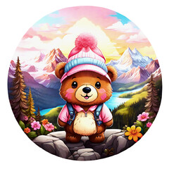 Sticker isolated cute bear wearing a pink hat, jacket  on nature background. Transparent background. Generative AI